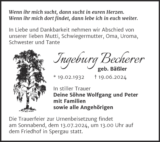 Traueranzeige von Ingeburg Becherer von Trauerkombi Merseburg