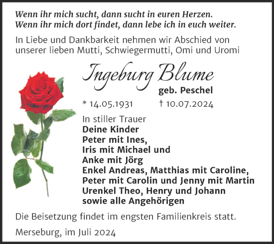 Traueranzeige von Ingeburg Blume von Trauerkombi Merseburg