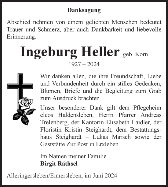 Traueranzeige von Ingeburg Heller von Volksstimme Haldensleben/Wolmirstedt