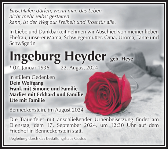 Traueranzeige von Ingeburg Heyder von Volksstimme Wernigerode