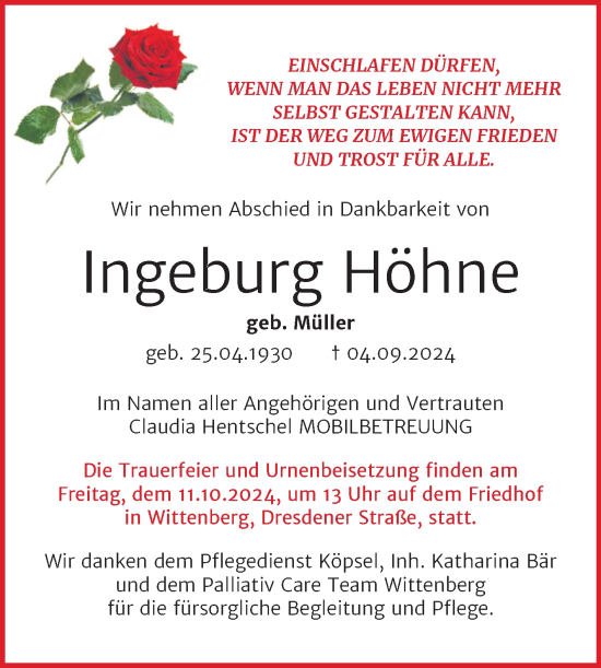 Traueranzeige von Ingeburg Höhne von Trauerkombi Wittenberg