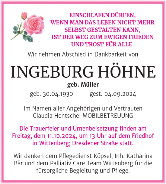 Traueranzeige von Ingeburg Höhne von Trauerkombi Wittenberg