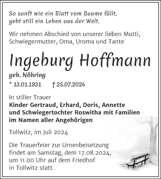 Traueranzeige von Ingeburg Hoffmann von Trauerkombi Merseburg