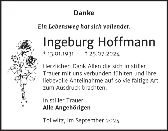 Traueranzeige von Ingeburg Hoffmann von Trauerkombi Merseburg