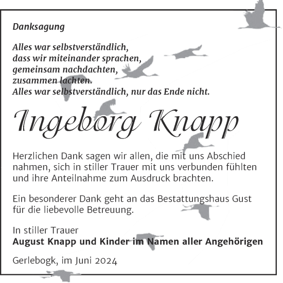 Traueranzeige von Ingeburg Knapp von Trauerkombi Bernburg