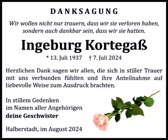 Traueranzeige von Ingeburg Kortegaß von Volksstimme Halberstadt