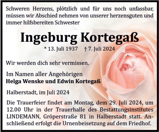 Traueranzeige von Ingeburg Kortegaß von Volksstimme Halberstadt