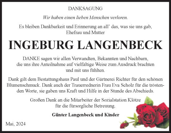 Traueranzeige von Ingeburg Langenbeck von Volksstimme Altmark West