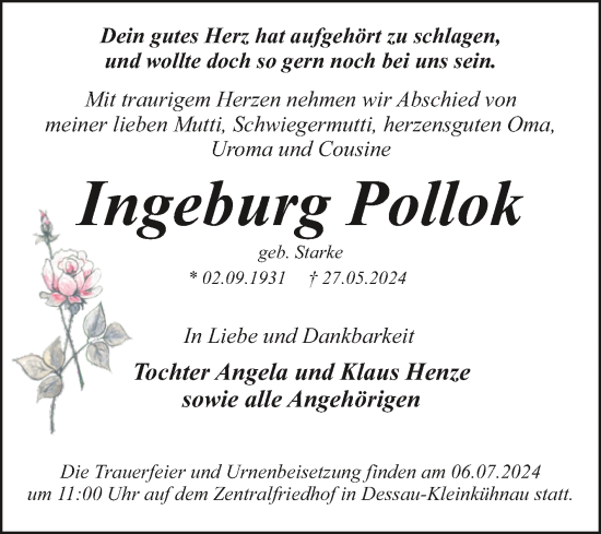 Traueranzeige von Ingeburg Pollok von Trauerkombi Dessau