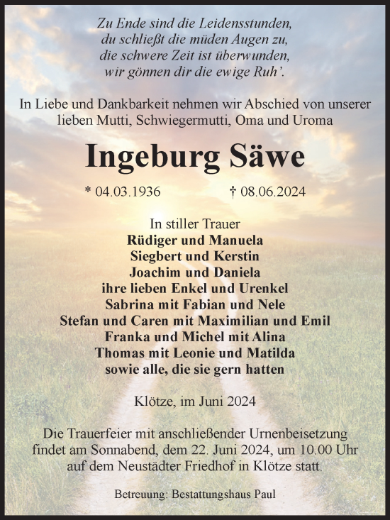 Traueranzeige von Ingeburg Säwe von Volksstimme Altmark West