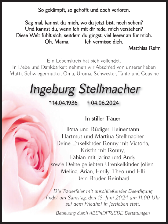 Traueranzeige von Ingeburg Stellmacher von Volksstimme Haldensleben/Wolmirstedt