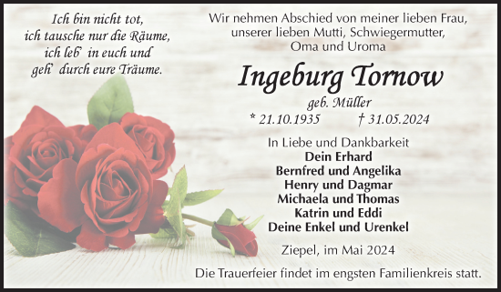 Traueranzeige von Ingeburg Tornow von Volksstimme Burg/Genthin