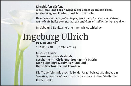 Traueranzeige von Ingeburg Ullrich von Trauerkombi Köthen