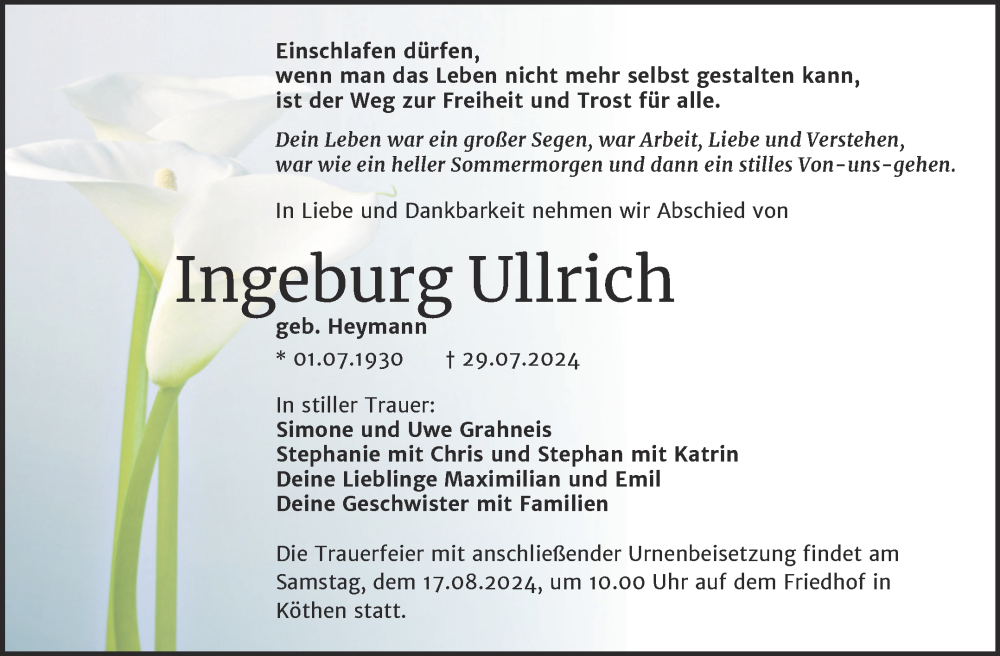  Traueranzeige für Ingeburg Ullrich vom 03.08.2024 aus Trauerkombi Köthen