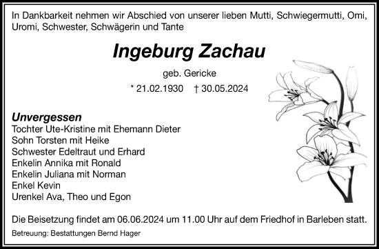 Traueranzeige von Ingeburg Zachau von Volksstimme Haldensleben/Wolmirstedt