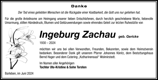 Traueranzeige von Ingeburg Zachau von Volksstimme Haldensleben/Wolmirstedt
