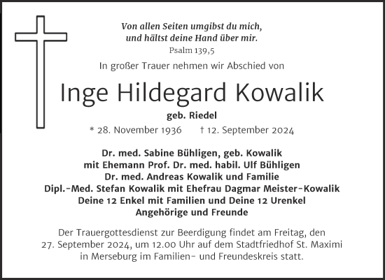 Traueranzeige von Inge Hildegard Kowalik von Trauerkombi Merseburg
