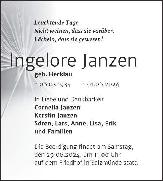 Traueranzeige von Ingelore Janzen von Mitteldeutsche Zeitung Halle/Saalkreis