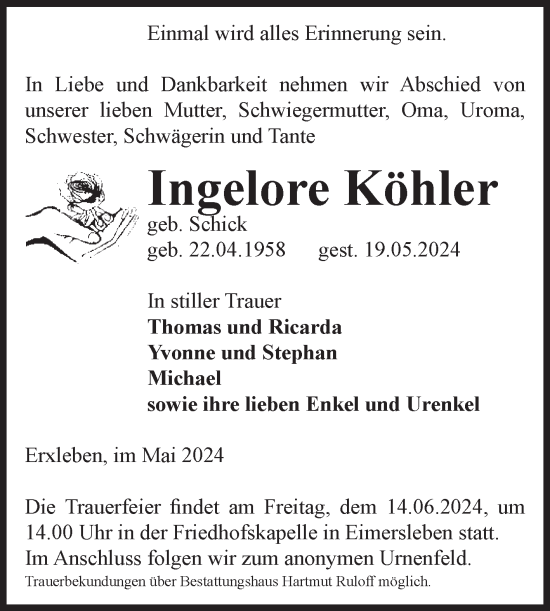 Traueranzeige von Ingelore Köhler von Volksstimme Haldensleben/Wolmirstedt