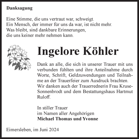 Traueranzeige von Ingelore Köhler von Volksstimme Haldensleben/Wolmirstedt