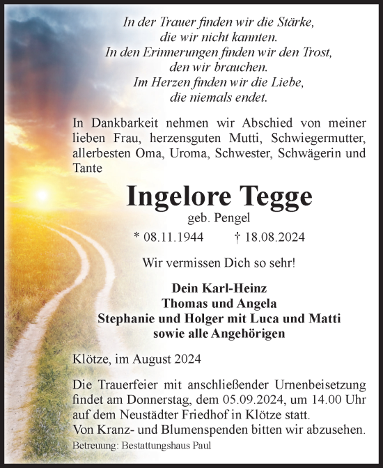 Traueranzeige von Ingelore Tegge von Volksstimme Altmark West