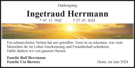 Traueranzeige von Ingetraud Herrmann von Volksstimme Zerbst