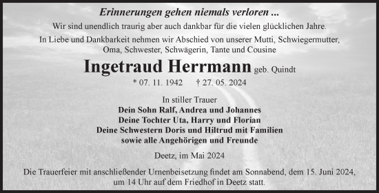 Traueranzeige von Ingetraud Herrmann von Volksstimme Zerbst