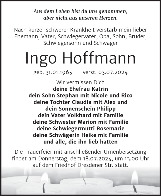 Traueranzeige von Ingo Hoffmann von Trauerkombi Wittenberg