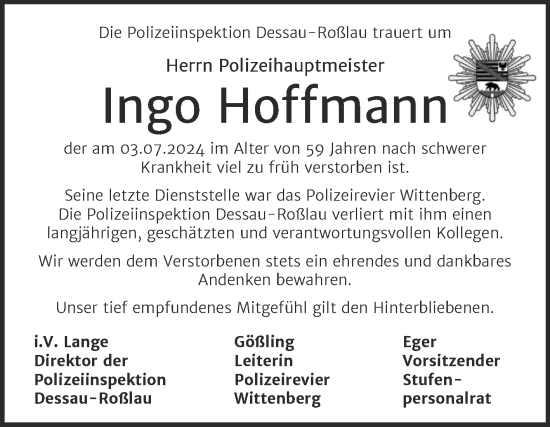 Traueranzeige von Ingo Hoffmann von Super Sonntag Wittenberg