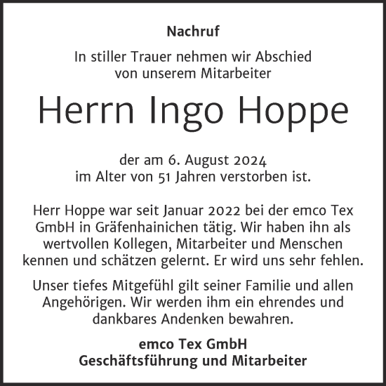 Traueranzeige von Ingo Hoppe von Mitteldeutsche Zeitung Bitterfeld