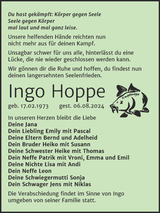 Traueranzeige von Ingo Hoppe von Trauerkombi Bitterfeld