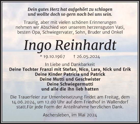 Traueranzeige von Ingo Reinhardt von Trauerkombi Aschersleben