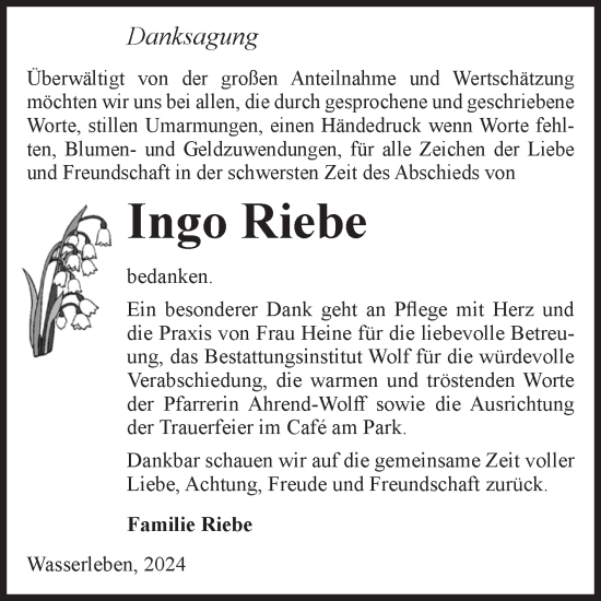 Traueranzeige von Ingo Riebe von Volksstimme Wernigerode