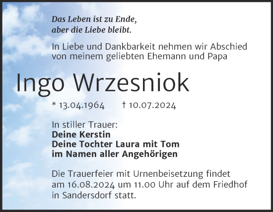 Traueranzeige von Ingo Wrzesniok von Trauerkombi Bitterfeld