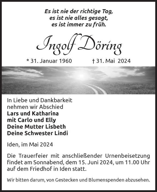 Traueranzeige von Ingolf Döring von Volksstimme Altmark Ost