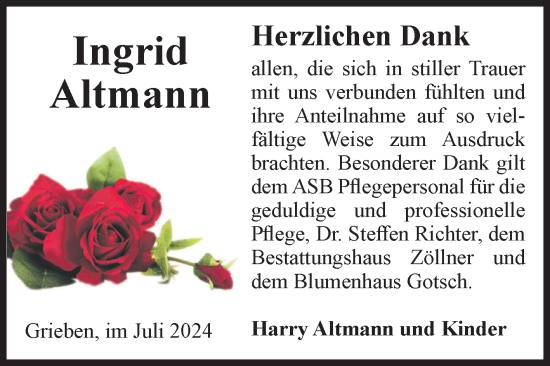 Traueranzeige von Ingrid Altmann von Volksstimme Altmark Ost