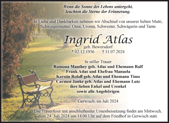 Traueranzeige von Ingrid Atlas von Volksstimme Burg/Genthin