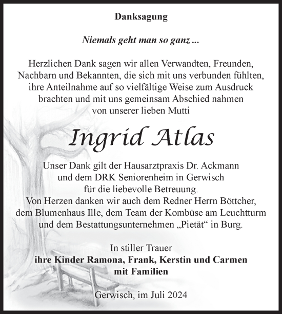 Traueranzeige von Ingrid Atlas von Volksstimme Burg/Genthin