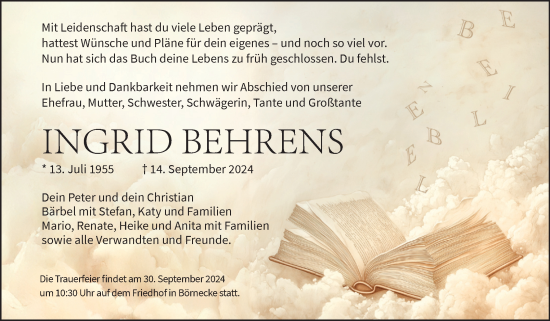 Traueranzeige von Ingrid Behrens von Volksstimme Wernigerode