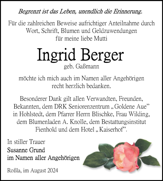Traueranzeige von Ingrid Berger von Trauerkombi Sangerhausen
