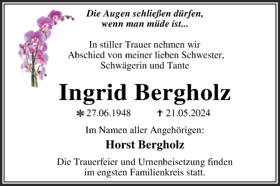 Traueranzeige von Ingrid Bergholz von Trauerkombi Dessau