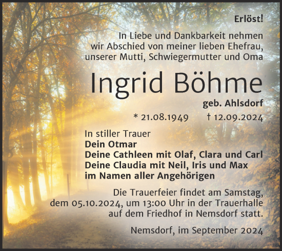 Traueranzeige von Ingrid Böhme von Trauerkombi Merseburg