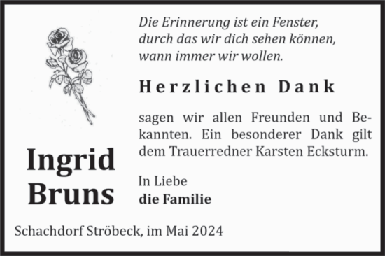 Traueranzeige von Ingrid Bruns von Volksstimme Halberstadt