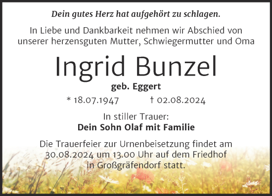 Traueranzeige von Ingrid Bunzel von Trauerkombi Merseburg
