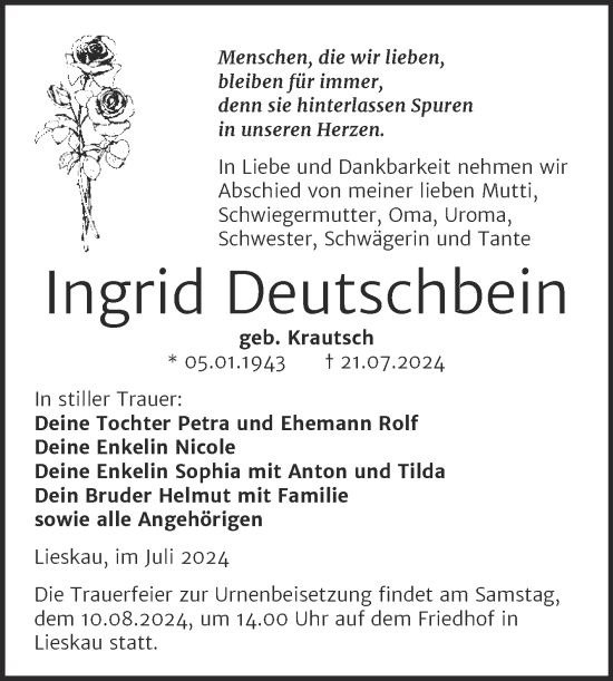 Traueranzeige von Ingrid Deutschbein von Mitteldeutsche Zeitung Halle/Saalkreis