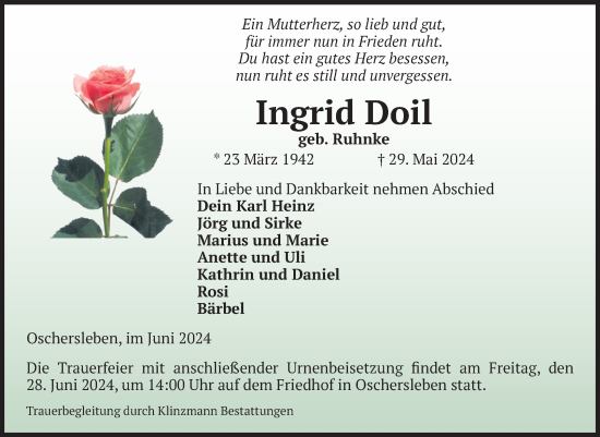 Traueranzeige von Ingrid Doil von Volksstimme Oschersleben/Wanzleben