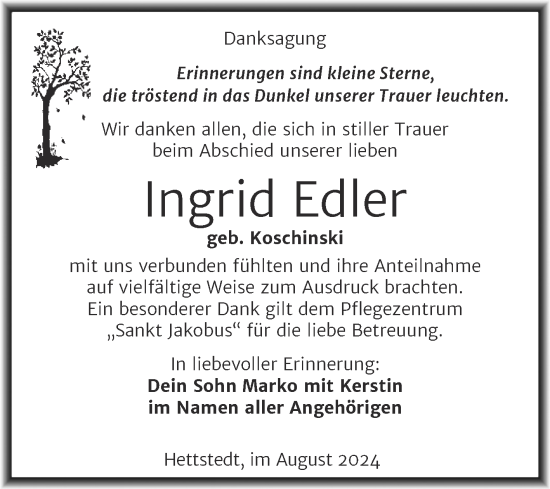 Traueranzeige von Ingrid Edler von Trauerkombi Mansfelder Land