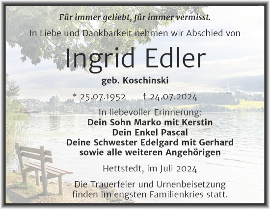Traueranzeige von Ingrid Edler von Trauerkombi Mansfelder Land