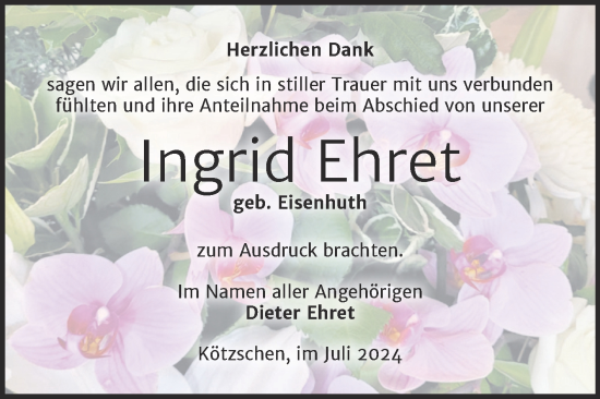 Traueranzeige von Ingrid Ehret von Trauerkombi Merseburg