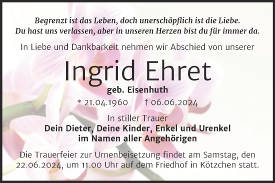 Traueranzeige von Ingrid Ehret von Mitteldeutsche Zeitung Merseburg/Querfurt